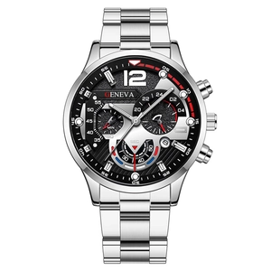 Men's sports quartz watch with silver steel band and tricolor chronograph dial