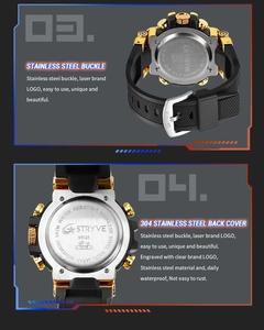 Detail showing 5ATM waterproof 304 stainless steel back case and buckle of STRYVE S8025 watch