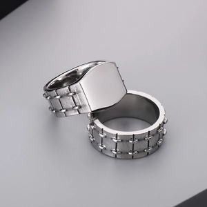 Industrial punk stainless steel square and gear textured rings in vintage silver finish