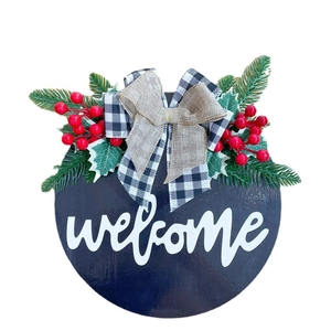 Christmas welcome door hanger with blue wood base red berries and plaid bow decoration