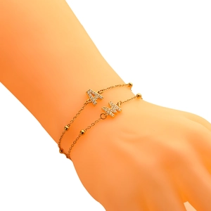 Golden double-layer stainless steel bracelet with crystal A and M letter charms
