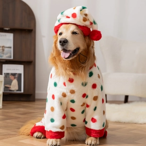 Golden Retriever wearing polka dot fleece dog pajamas with a matching warm hat