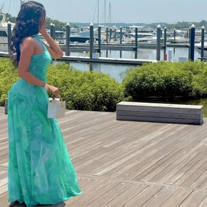 Elegant emerald and lake blue ink print halter maxi dress with a flattering slim fit