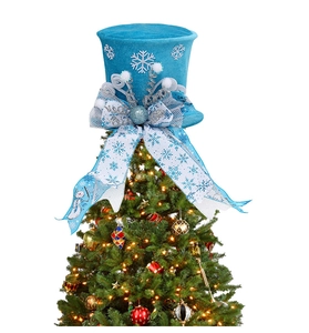 Detailed blue velvet Christmas tree topper hat with silver snowflake patterns and bow