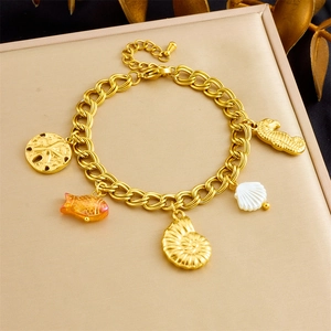 Bracelet À Breloques Marine Acier Inoxydable Plaque Or Hippocampe Étoile De Mer Coquillage Été Plage Femmes