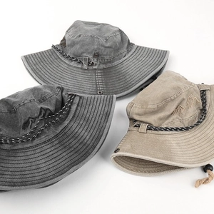 Three washed cotton fisherman hats in grey and khaki with mountain embroidery and wind ropes