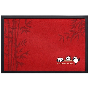 Rote Fußmatte im chinesischen Stil mit Bambus-Panda-Motiv und Welcome Home Text