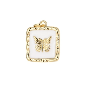 Golden baroque square pendant featuring a white inlay and embossed butterfly detail