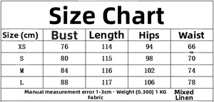 Size chart for linen blend layered maxi dress with measurements in cm for XS to L sizes