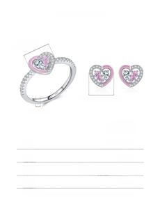 Detailed dimensions of pink enamel heart ring and earrings set in s925 silver