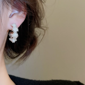 Detail of flower cluster ear studs in silver finish worn by a model in close-up shot
