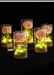 Close-up of handmade pink knitted carnations in a glass dome with warm LED fairy lights