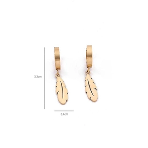 Detail showing golden feather pendant earrings with dimensions 3.3cm and 0.7cm on white background