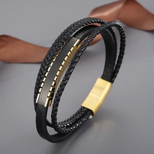 Bracelet multicouche en cuir tressé pour homme avec fermoir magnétique doré sur soie