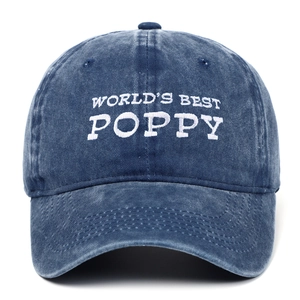 Detaillierte Stickerei WORLD'S BEST POPPY auf dunkelblauer gewaschener Jeans-Kappe