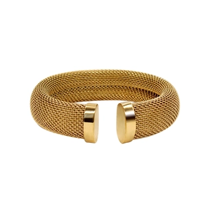 Detail of 18K gold plated mesh C-shaped cuff bracelet with polished cylindrical ends