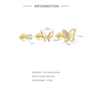 Detailed view of S925 sterling silver butterfly stud earrings set with AAAAA cubic zirconia
