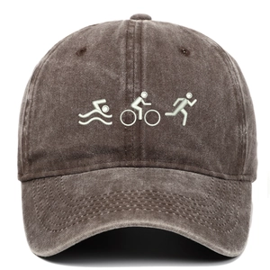 Close-up of triathlon embroidery on dark brown washed cotton vintage baseball cap
