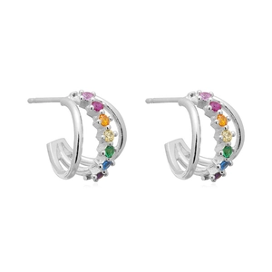 Detail of silver double hoop earrings with a row of rainbow colored cubic zirconia stones