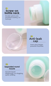 Detail of leak-proof cap and screw mouth for silicone travel lotion bottle set.