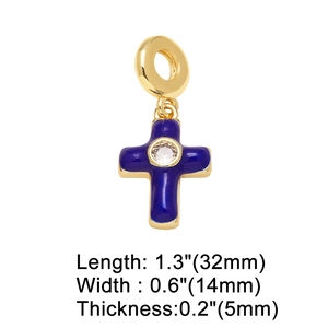 Detailed blue enamel cross pendant with gold ring and zircon center, size dimensions shown
