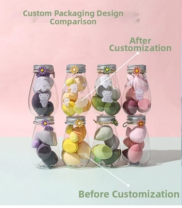 Detailed view of colorful makeup sponge sets in transparent daisy jars with cute patterns