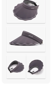 Detail of adjustable buckle and sweatband on a dark purple-grey sun visor hat