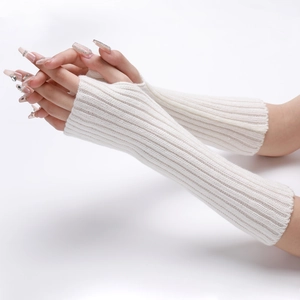 Detail of white striped knit arm warmers with fingerless design for autumn and winter