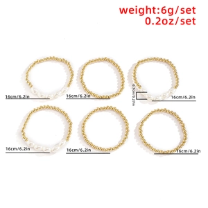 6-piece minimalist gold beaded and white faux pearl bracelet set with size specifications