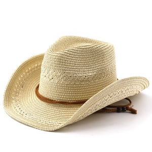 Chapeau de cowboy classique en paille beige avec perles en bois et cordon réglable