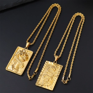 Gold Plated Dragon Pendant Necklace Vintage Alloy Rhinestone Relief Rectangular Dragon Plate Pendant With Twist Chain Fashion Jewelry Gift