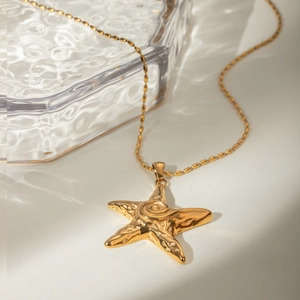 Elegant 18k gold starfish pendant necklace with a sleek link chain on white background