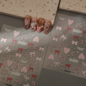 5D Relief Nail Art Stickers Valentine Day Pink Leopard Print Bow Heart Lace Waterproof Self Adhesive DIY Decals