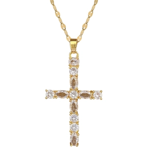 Elegant gold titanium steel cross necklace with sparkling crystals for women