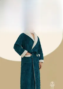Detail of 3D textured jacquard fleece on men's thick robe with white faux fur lining