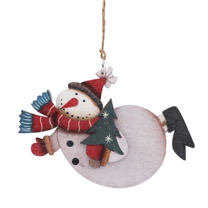 Christmas wooden snowman door hanging decoration with red scarf and rope on white background