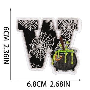 Halloween embroidered patch letter W with spider web and witch cauldron 6x6.8cm size detail