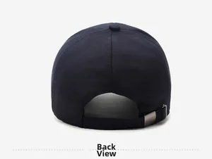 Detail of navy blue baseball cap back with adjustable silver metal buckle and strap