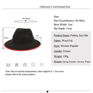 Winter wool felt jazz hat with red brim edging, sized 56-58cm for men and women