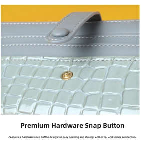Macro detail of light blue crocodile texture faux leather wallet with metallic snap closure