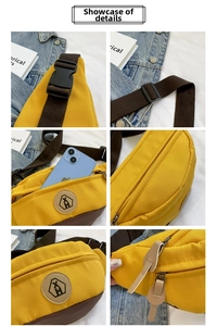 Detail view of yellow canvas fanny pack with multi-pocket layout and phone compartment