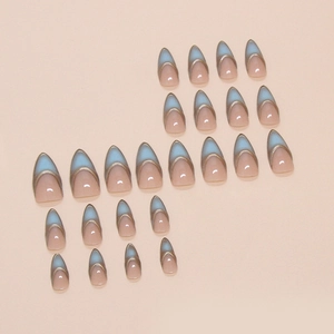 24-piece almond-shaped press-on nails with nude pink, blue tips, and gold metallic accents