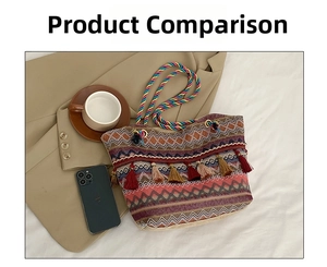 Ethnic bohemian woven tote bag with colorful stripes and tassels on a flat lay surface
