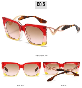 Detail of color-block square sunglasses with tortoiseshell temples and golden accents