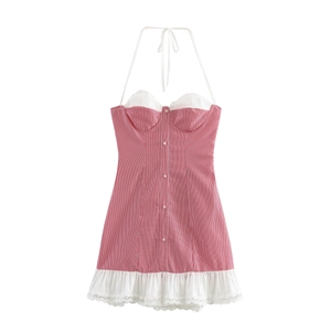 Striped Halter Dress Red White Backless Lace Trim Ruffle Hem Mini Sleeveless Sweet French Style Women Summer Outfit
