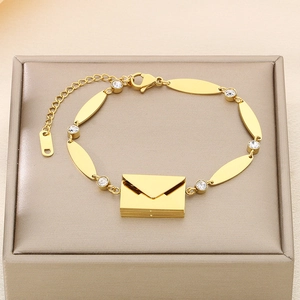 18k gold plated stainless steel envelope charm bracelet with sparkling zircon accents