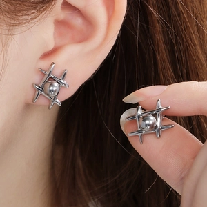 Sleek silver stainless steel grid ball stud earrings with polished geometric design