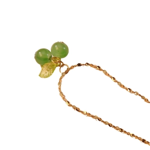 Sweet cherry pendant necklace with green beads and gold chain for women jewelry set