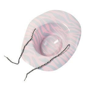 Detail view of pink and white zebra print cowboy hat with adjustable striped chin strap