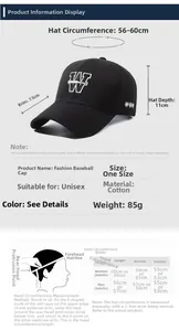 Size chart showing baseball cap dimensions including 56-60cm circumference and cotton material